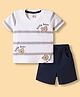 Be Baby Cotton Knit Half Sleeves T-Shirt & Shorts Set With Teddy Bear Applique - Navy Blue