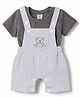 Be Baby 100% Cotton Knit Half Sleeves Bear Printed & Checked Dungaree With Tee With Patch  - White & Grey