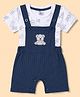 Be Baby 100% Cotton Knit Half Sleeves Bear Printed Dungaree With Inner Tee With Patch - Navy Blue & White