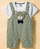 Be Baby Cotton Knit Half Sleeves Striped T-Shirt & Dungaree with Bow Applique Bear Print & Patch - Green & White