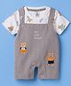 Be Baby Cotton Knit Half Sleeves Bear Printed & Embroidered Dungaree With Inner Tee - Grey