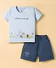 Be Baby Cotton Knit Half Sleeves T-Shirt & Shorts Set with Jungle Theme Print - Sky & Navy Blue
