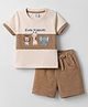 Be Baby Cotton Knit Half Sleeves T-Shirt & Shorts Set with Animal Patch - Brown
