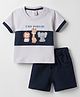 Be Baby Cotton Knit Half Sleeves T-Shirt & Shorts Set with Animal Patch - Light Grey & Navy Blue