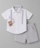 Be Baby Cotton Knit Half Sleeves Shirt & Striped Shorts Set With Bear Embroidery - White & Beige