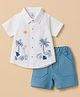 Be Baby Cotton Knit Half Sleeves Shirt & Shorts Set with Tree Embroidery - White & Blue