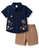 Be Baby Cotton Knit Half Sleeves Shirt & Shorts Set with Tree Embroidery - Navy Blue & Beige