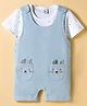 Be Baby Cotton Knit Half Sleeves Space Theme Printed T-Shirt & Dungaree with Bunny Embroidery - Sky Blue & White