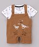 Be Baby Cotton Knit Half Sleeves T-Shirt & Dungaree with Animal Print & Patch - Brown & White