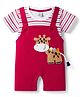 Be Baby 100% Cotton Knit Half Sleeves Striped Dungaree With Inner Tee & Giraffe Applique - Maroon