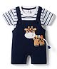 Be Baby 100% Cotton Knit Half Sleeves Striped Dungaree With Inner Tee & Giraffe Applique - Navy Blue