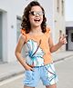 OLLINGTON ST. Sinker Knit Sleeveless Top & Shorts Set With Floral Print - Peach & Blue