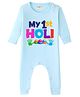 BLUSHES 100% Cotton Knit Holi Theme Full Sleeve My 1st Holi Text Printed Romper - Aqua Blue