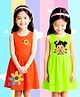NUSYL Pure Cotton Knit Pack Of 2 Sleeveless Girl & Floral  Printed Dresses - Orange & Green