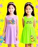 NUSYL Pure Cotton Knit Pack Of 2 Sleeveless Duck & Cute Happy Text Printed Dresses - Lilac & Green