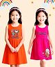 NUSYL Pure Cotton Knit Pack Of 2 Sleeveless Unicorn & Cute Unicorn Text Printed Dresses - Orange & Dark Pink