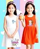 NUSYL Pure Cotton Knit Pack Of 2 Sleeveless Girl & Floral Printed Dresses - White & Orange