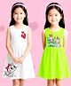 NUSYL Cotton Knit Pack Of 2 Sleeveless Bunnies & Cat Printed Dresses - White & Green