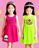 NUSYL Cotton Knit Pack Of 2 Sleeveless Donut Worry Be Happy Text Printed Dresses - Green & Dark Pink