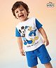 Babyoye Disney 100% Cotton Knit Half Drop Shoulder Sleeves T-Shirt & Shorts Set With Mickey Mouse & Friends Graphics - Blue & White