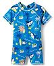 Babyhug Half Raglan Sleeves Water Repellent Legged Swimsuit With Shark Print - Blue
