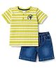 Babyhug Popcorn Knit Half Sleeves Striped T-Shirt & Denim Shorts - Limegreen & Blue
