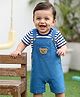 Babyhug Interlock Knit Half Sleeves Striped T-Shirt & Dungaree Set With Bear Patch - Multicolor