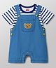 Babyhug Interlock Knit Half Sleeves Striped T-Shirt & Dungaree Set With Bear Patch - Multicolor