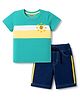 Babyhug Single Jersey Knit Half Sleeves Striped T-Shirt & Denim Shorts Set With Sun Embroidery - Green & Blue