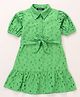 Pine Kids Cotton Woven One Piece Dress with Puffed Sleeves and Collar Neck Green 7-8 Years