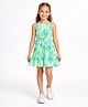 CrayonFlakes Cotton Knit Sleeveless Floral & Butterfly Printed Dress - Green & White