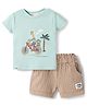 Ollypop Interlock Knit Half Sleeves T-Shirt & Shorts Set with Jungle Theme Print & Embroidery - Sea Green & Tan
