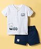 Ollypop Interlock Knit Half Sleeves Checkered T-Shirt & Shorts Set with Bear Embroidery - White & Navy Blue