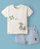 Ollypop Interlock Knit Half Sleeves T-Shirt & Shorts Set with Travelling Embroidery & Stripes - Cream & Sky Blue