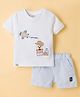Ollypop Interlock Knit Half Sleeves T-Shirt & Shorts Set with Travelling Embroidery & Stripes - White & Sky Blue