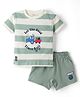 Ollypop Interlock Knit Half Sleeves Striped T-Shirt & Shorts Set with Tractor Patch - Sea Green