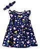 Babyhug Single Jersey Knit Frill Sleeves One Piece Frock & Headband With Floral Print - Navy Blue