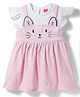 Babyhug Single Jersey Knit Frill Sleeves Heart Printed Frock with Kitty Embroidery - Pink