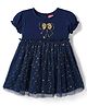Babyhug Cotton Knit One Piece Dresses Round Neck Short Sleeves With Glitter Bow Navy Blue 3-4 Years