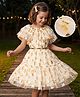 Hola Bonita Knit Half Sleeves Mesh Party Dress with Foil Bow Print & Belt - Golden