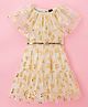 Hola Bonita Knit Half Sleeves Mesh Party Dress with Foil Bow Print & Belt - Golden