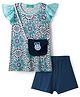 Tiara Cotton Modal Frill Sleeves Floral Printed Top & Short Set With Purse - Blue