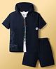 Kids Magic Cotton Knit Half Sleeves Chameleon Printed Hooded Shirt & Shorts Set with Inner Tee - Navy Blue
