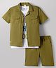 Kids Magic Cotton Knit Half Sleeves Solid Shirt & Shorts Co-ord Set with Inner Tee - Olive Green