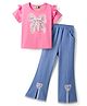 Tiara Cotton Jersey Knit Half Sleeves Bow Designed Sequin Embellished Top & Bell Bottom Pants Set - Pink