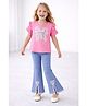 Tiara Cotton Jersey Knit Half Sleeves Bow Designed Sequin Embellished Top & Bell Bottom Pants Set - Pink