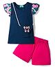 Tiara Cotton Spandex Knit Frill Sleeves Top & Shorts Set With Slingbag - Navy Blue