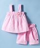 Dew Drops Cotton Woven Sleeveless Top & Shorts Co-ord Set With Floral Embroidery & Belt - Pink