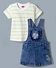 Babyhug Denim Woven Frock with Striped Inner Tee & Floral Embroidered - Blue