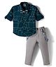 Dapper Dudes Woven Full Sleeves Printed Shirt & Trouser With Bow & Suspender - Teal Blue